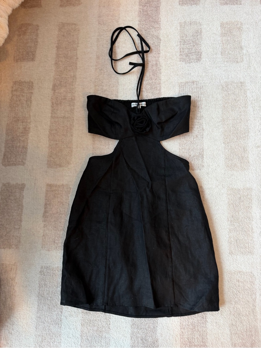 Reformation Black Strapless Cutout Dress with Rosette